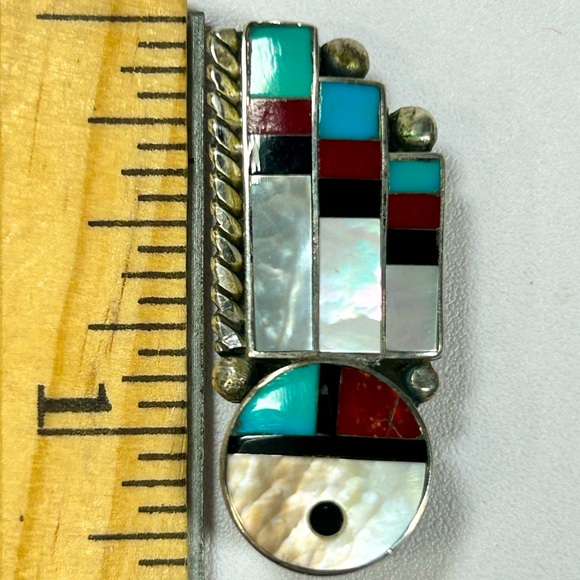 RARE Vintage Zuni Signed Julie O Lahi Inlay Sun Face Pendant Brooch Sterling 925 - Picture 6 of 7